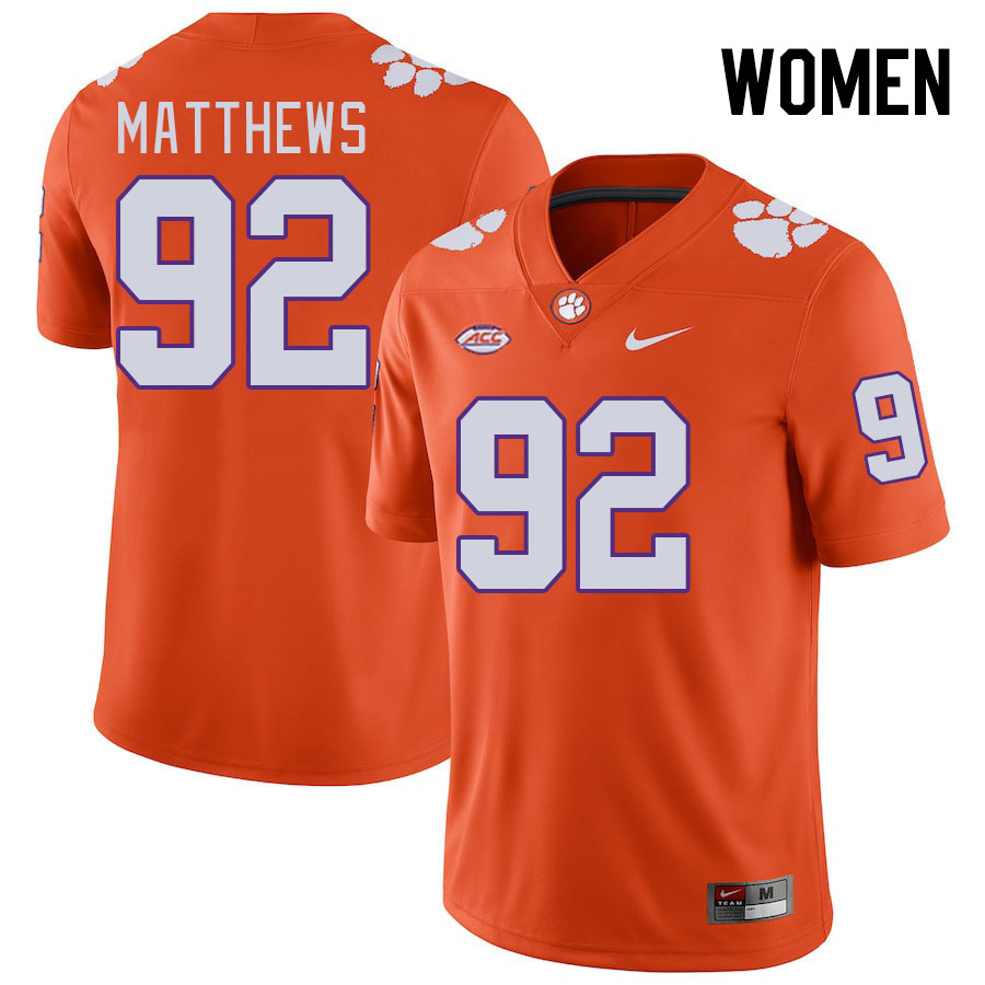 Women's Clemson Tigers Levi Matthews #92 College Orange NCAA Authentic Football Stitched Jersey 23UL30WK